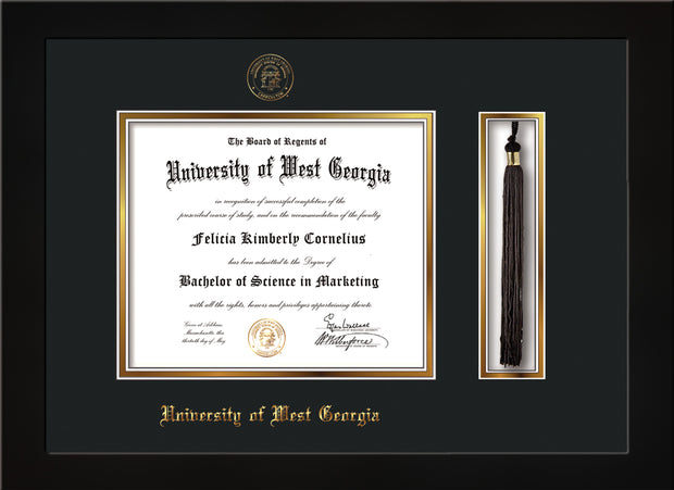 Image of University of West Georgia Diploma Frame - Flat Matte Black - w/UWG Embossed Seal & Name - Tassel Holder - Black on Gold mat