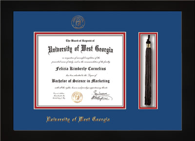 Image of University of West Georgia Diploma Frame - Flat Matte Black - w/UWG Embossed Seal & Name - Tassel Holder - Royal Blue on Crimson mat
