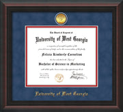 Image of University of West Georgia Diploma Frame - Mahogany Braid - w/24k Gold Plated Medallion UWG Name Embossing - Royal Blue Suede on Crimson Mat