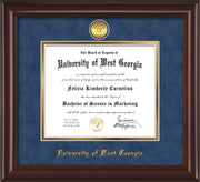 Image of University of West Georgia Diploma Frame - Mahogany Lacquer - w/24k Gold Plated Medallion UWG Name Embossing - Royal Blue Suede on Gold Mat