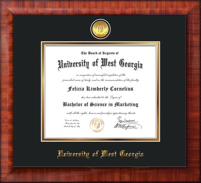 Image of University of West Georgia Diploma Frame - Mezzo Gloss - w/24k Gold Plated Medallion UWG Name Embossing - Black on Gold Mat