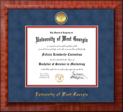 Image of University of West Georgia Diploma Frame - Mezzo Gloss - w/24k Gold Plated Medallion UWG Name Embossing - Royal Blue Suede on Crimson Mat