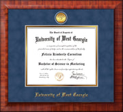 Image of University of West Georgia Diploma Frame - Mezzo Gloss - w/24k Gold Plated Medallion UWG Name Embossing - Royal Blue Suede on Gold Mat