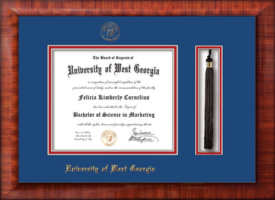 Image of University of West Georgia Diploma Frame - Mezzo Gloss - w/UWG Embossed Seal & Name - Tassel Holder - Royal Blue on Crimson mat
