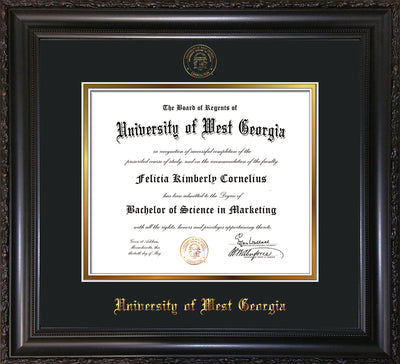 Image of University of West Georgia Diploma Frame - Vintage Black Scoop - w/UWG Embossed Seal & Name - Black on Gold mat