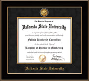 Image of Valdosta State University Diploma Frame - Black Lacquer - w/24k Gold-Plated Medallion & Fillet - w/VSU Name Embossing - Black Suede mat