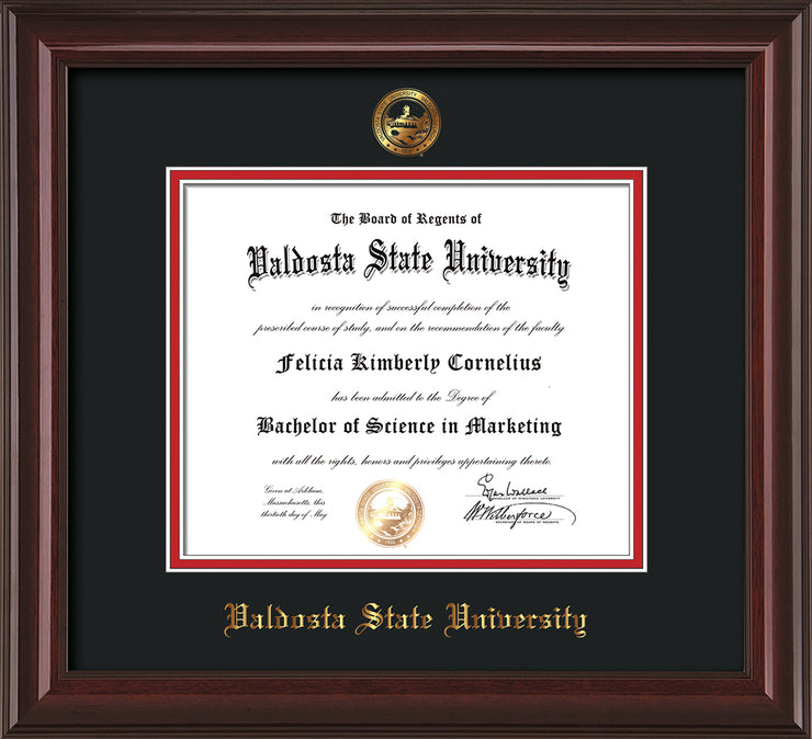 Image of Valdosta State University Diploma Frame - Mahogany Lacquer - w/Embossed Seal & Name - Black on Red mats