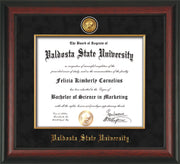 Image of Valdosta State University Diploma Frame - Rosewood - w/24k Gold-Plated Medallion & Fillet - w/VSU Name Embossing - Black Suede mat