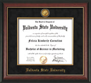 Image of Valdosta State University Diploma Frame - Rosewood w/Gold Lip - w/24k Gold-Plated Medallion & Fillet - w/VSU Name Embossing - Black Suede mat
