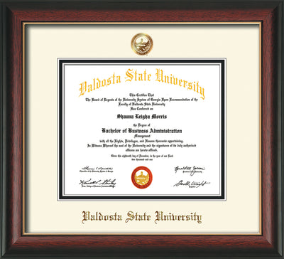 Image of Valdosta State University Diploma Frame - Rosewood w/Gold Lip - w/Copper Embossed Seal & Name - Off-White on Black mats