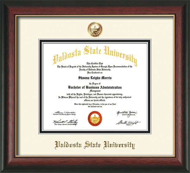 Image of Valdosta State University Diploma Frame - Rosewood w/Gold Lip - w/Copper Embossed Seal & Name - Off-White on Black mats