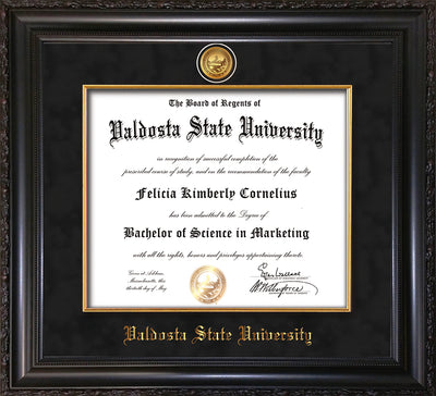 Image of Valdosta State University Diploma Frame - Vintage Black Scoop - w/24k Gold-Plated Medallion & Fillet - w/VSU Name Embossing - Black Suede mat