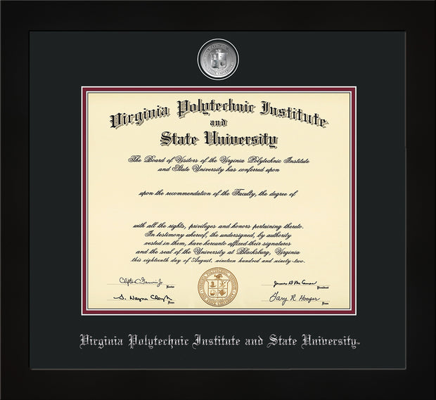 Image of Virginia Tech Diploma Frame - Flat Matte Black - w/Silver-Plated Medallion VT Name Embossing - Black on Maroon mats