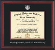 Image of Virginia Tech Diploma Frame - Cherry Reverse - w/Silver-Plated Medallion VT Name Embossing - Black on Maroon mats