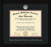 Image of Virginia Tech Diploma Frame - Flat Matte Black - w/Silver Embossed VT Seal & Name - Black Suede on Maroon mat