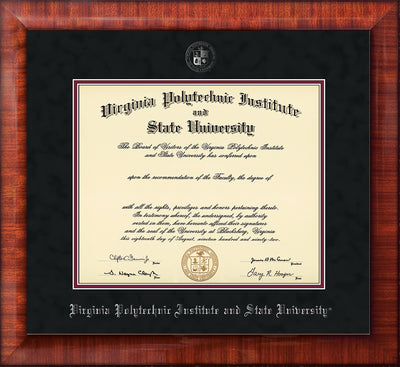 Image of Virginia Tech Diploma Frame - Mezzo Gloss - w/Silver Embossed VT Seal & Name - Black Suede on Maroon mat