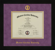 Image of Western Carolina University Diploma Frame - Flat Matte Black - w/Embossed Seal & Name - Purple Suede on Gold mats