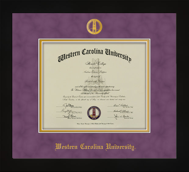 Image of Western Carolina University Diploma Frame - Flat Matte Black - w/Embossed Seal & Name - Purple Suede on Gold mats