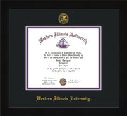 Image of Western Illinois University Diploma Frame - Flat Matte Black - w/Embossed Seal & Name - Black on Purple mats