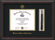 Image of Western Illinois University Diploma Frame - Mahogany Braid - w/Embossed Seal & Name - Tassel Holder - Black on Gold mats