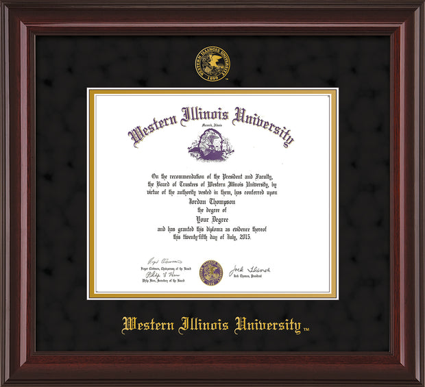 Image of Western Illinois University Diploma Frame - Mahogany Lacquer - w/Embossed Seal & Name - Black Suede on Gold mats