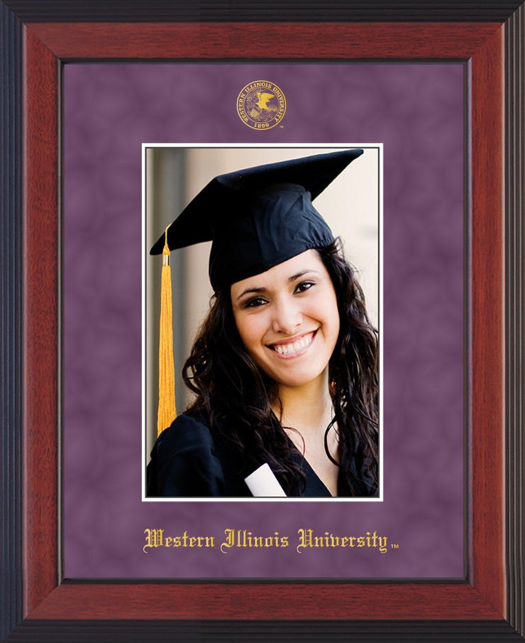 Image of Western Illinois University 5 x 7 Photo Frame - Cherry Reverse - w/Official Embossing of WIU Seal & Name - Single Purple Suede mat