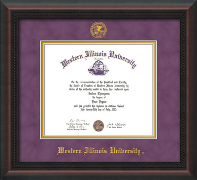 Image of Western Illinois University Diploma Frame - Mahogany Braid - w/Embossed Seal & Name - Purple Suede on Gold mats