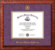 Image of Western Illinois University Diploma Frame - Mezzo Gloss - w/Embossed Seal & Name - Purple Suede on Gold mats
