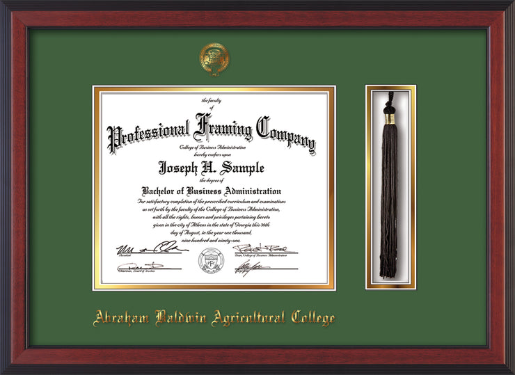 Image of Abraham Baldwin Agricultural College Diploma Frame - Cherry Reverse - w/Embossed ABAC Seal & Name - Tassel Holder - Green on Gold mat