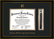 Image of Abraham Baldwin Agricultural College Diploma Frame - Honors Black Satin - w/Embossed ABAC Seal & Name - Tassel Holder - Black on Gold mat