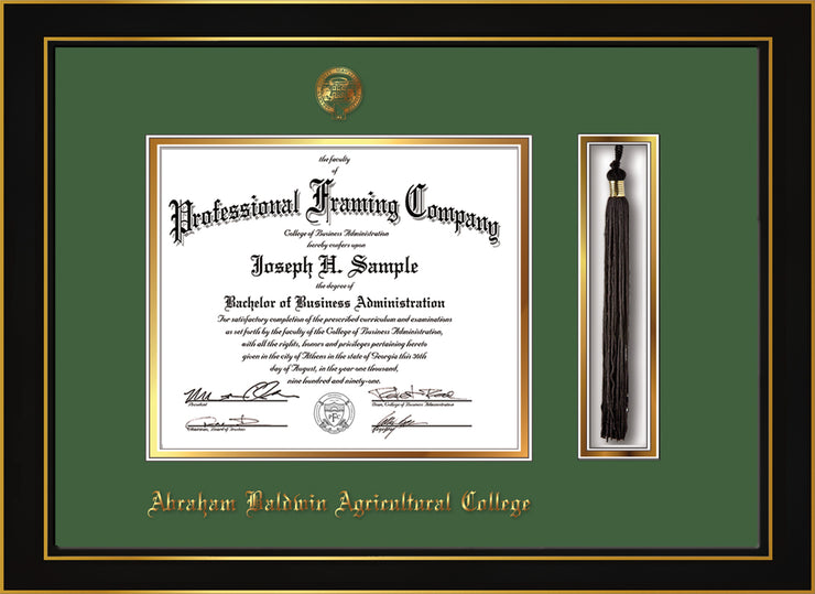 Image of Abraham Baldwin Agricultural College Diploma Frame - Honors Black Satin - w/Embossed ABAC Seal & Name - Tassel Holder - Green on Gold mat