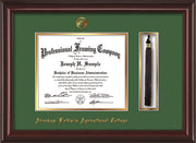 Image of Abraham Baldwin Agricultural College Diploma Frame - Mahogany Lacquer - w/Embossed ABAC Seal & Name - Tassel Holder - Green on Gold mat