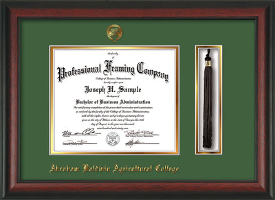 Image of Abraham Baldwin Agricultural College Diploma Frame - Rosewood - w/Embossed ABAC Seal & Name - Tassel Holder - Green on Gold mat
