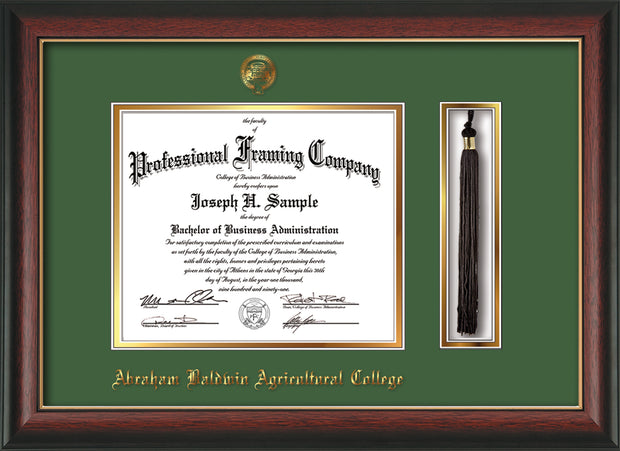 Image of Abraham Baldwin Agricultural College Diploma Frame - Rosewood with Gold Lip - w/Embossed ABAC Seal & Name - Tassel Holder - Green on Gold mat
