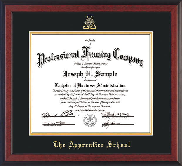 Image of The Apprentice School Diploma Frame - Cherry Reverse - w/Embossed AS Seal & Name - Black on Gold mat