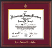 Image of The Apprentice School Diploma Frame - Cherry Reverse - w/Embossed AS Seal & Name - Maroon on Gold mat