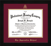 Image of The Apprentice School Diploma Frame - Flat Matte Black - w/Embossed AS Seal & Name - Maroon on Gold mat