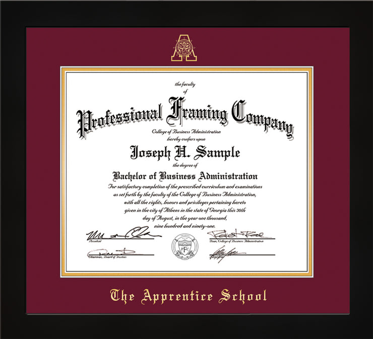Image of The Apprentice School Diploma Frame - Flat Matte Black - w/Embossed AS Seal & Name - Maroon on Gold mat