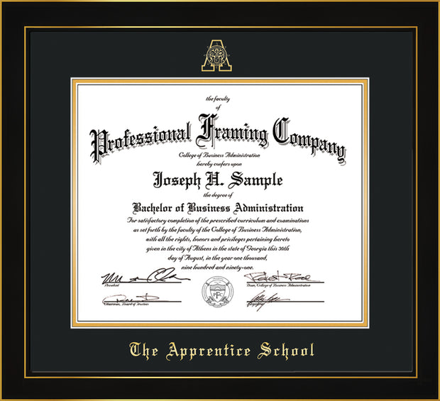 Image of The Apprentice School Diploma Frame - Honors Black Satin - w/Embossed AS Seal & Name - Black on Gold mat