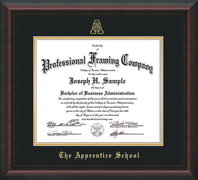 Image of The Apprentice School Diploma Frame - Mahogany Braid - w/Embossed AS Seal & Name - Black on Gold mat