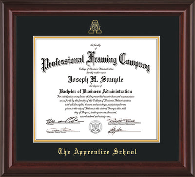 Image of The Apprentice School Diploma Frame - Rosewood - w/Embossed AS Seal & Name - Black on Gold mat