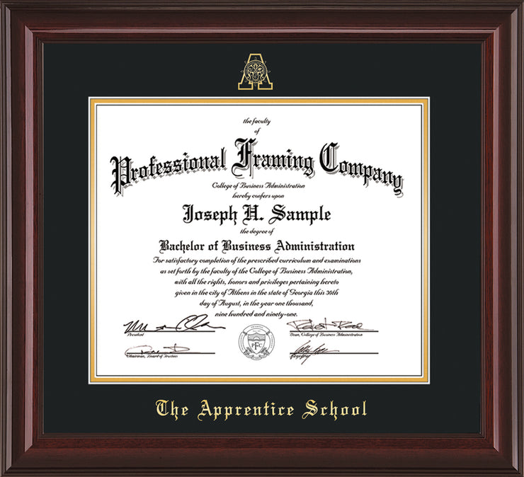 Image of The Apprentice School Diploma Frame - Rosewood - w/Embossed AS Seal & Name - Black on Gold mat