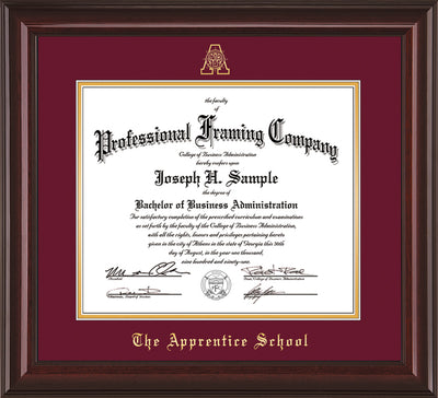 Image of The Apprentice School Diploma Frame - Mahogany Lacquer - w/Embossed AS Seal & Name - Maroon on Gold mat