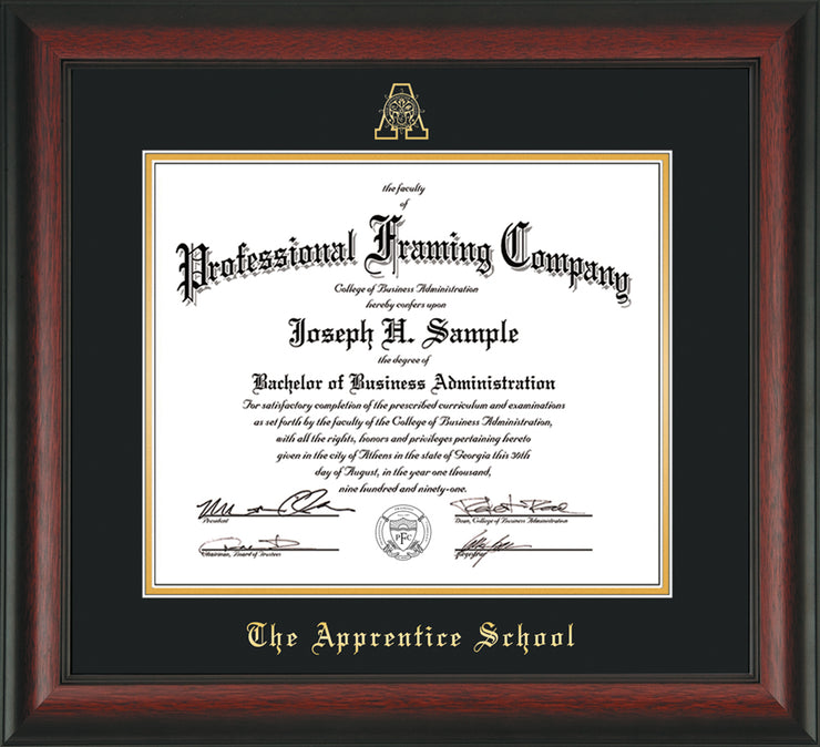 Image of The Apprentice School Diploma Frame - Rosewood - w/Embossed AS Seal & Name - Black on Gold mat