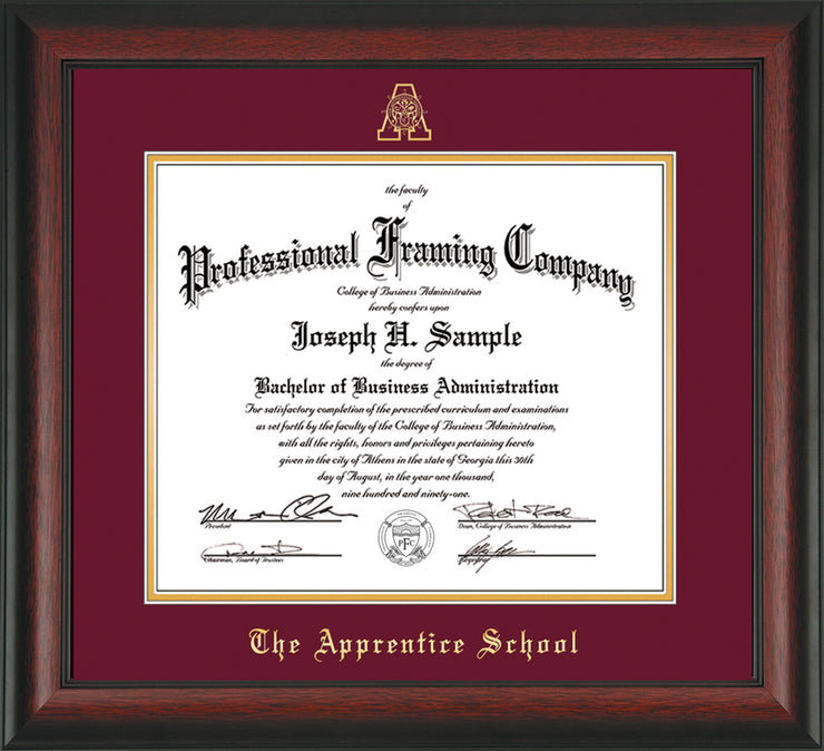 Image of The Apprentice School Diploma Frame - Rosewood - w/Embossed AS Seal & Name - Maroon on Gold mat