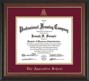 Image of The Apprentice School Diploma Frame - Rosewood with Gold Lip - w/Embossed AS Seal & Name - Maroon on Gold mat