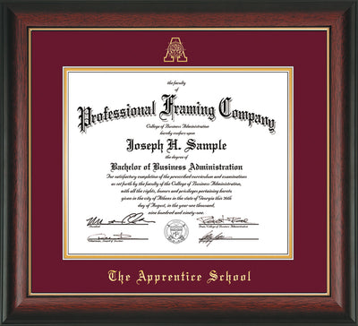 Image of The Apprentice School Diploma Frame - Rosewood with Gold Lip - w/Embossed AS Seal & Name - Maroon on Gold mat