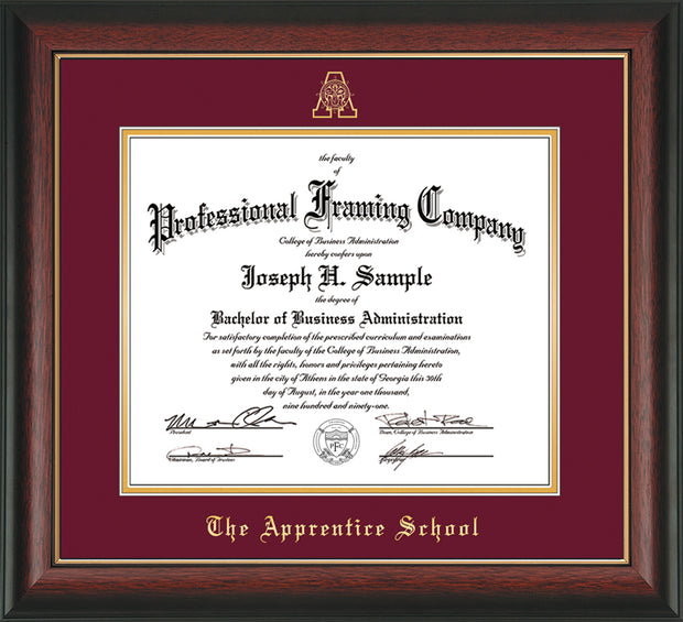 Image of The Apprentice School Diploma Frame - Rosewood with Gold Lip - w/Embossed AS Seal & Name - Maroon on Gold mat