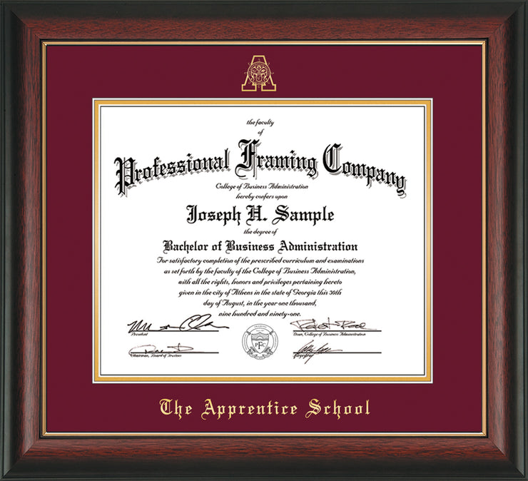 Image of The Apprentice School Diploma Frame - Rosewood with Gold Lip - w/Embossed AS Seal & Name - Maroon on Gold mat