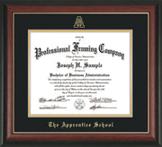Image of The Apprentice School Diploma Frame - Rosewood with Gold Lip - w/Embossed AS Seal & Name - Black on Gold mat